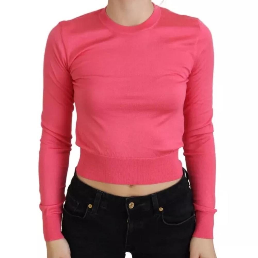 NWOT $700 Sz 38 4 Dolce & Gabbana Pink Silk Cropped Long Sleeve Sweater